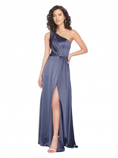 Discount Draped Silky Satin Bridesmaid Dress with Tied Waist