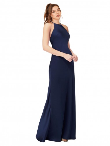 Discount High Neck Satin Bridesmaid Dress with Strappy Back