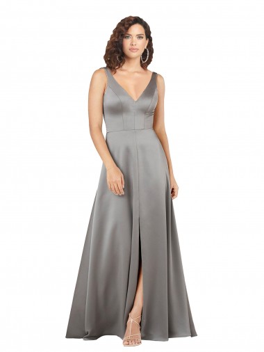 Discount Plunging V-Neckline Long A-Line Silky Satin Bridesmaid Dress