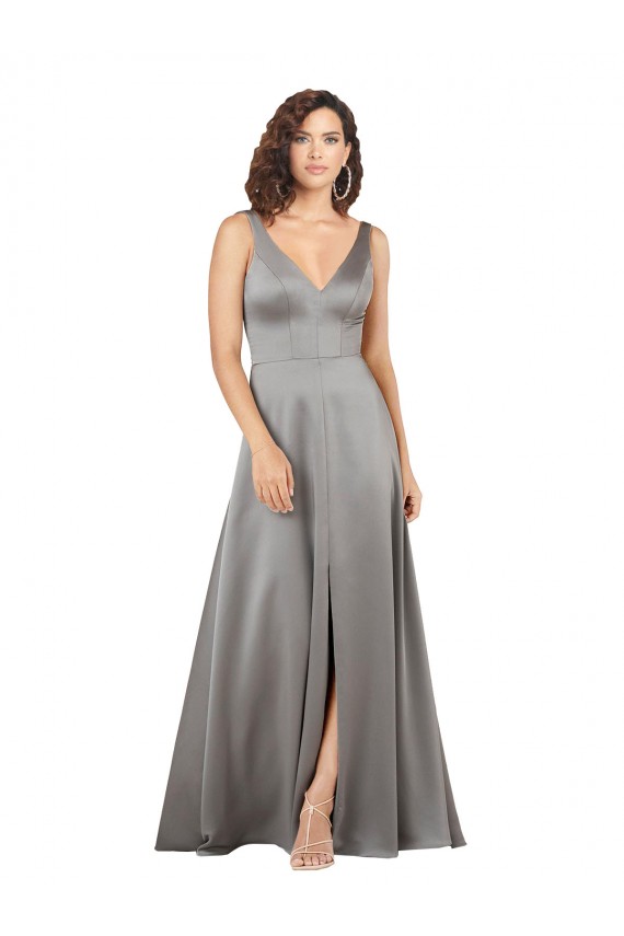 Plunging V-Neckline Long A-Line Silky Satin Bridesmaid Dress