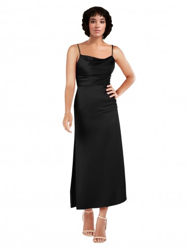 Discount Cowl Neck Tea-Length Short Silky Satin Bridesmaid dress with Skirt Slit