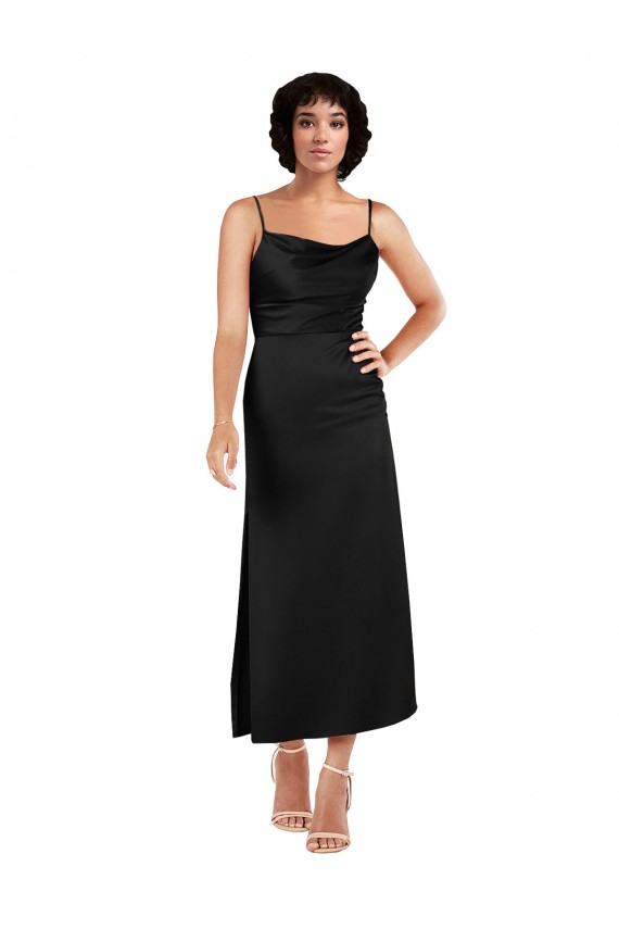 Cowl Neck Tea-Length Short Silky Satin Bridesmaid dress with Skirt Slit