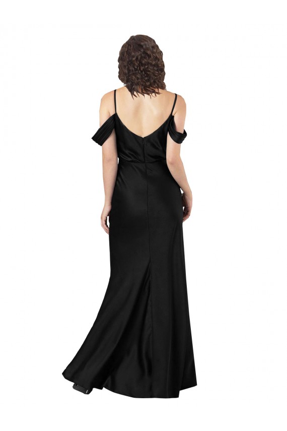 Off the Shoulder Sleeves Silky Satin Bridesmaid Dress with Skirt Slit