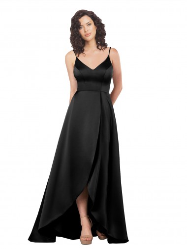 Discount High Low V-Neckline Silky Satin Tulip Bridesmaid Dress with Wrap Skirt