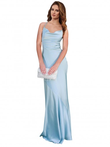 Discount Open Back with Ties Cowl Neck Sheath Silky Satin Long Bridessmaid Dress