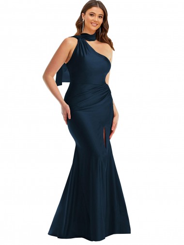 Discount Scarf Neck One Shoulder Silky Satin Mermaid Bridesmaid Dress with Front Slit