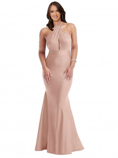 Discount Criss Cross Halter Open Back Silky Satin Mermaid Bridesmaid Dress