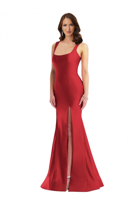 Square Neck Silky Satin Mermaid Bridesmaid Dress with Side Slit