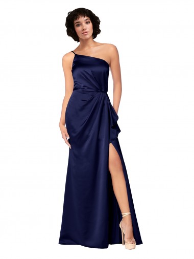 Discount One Shoulder Silky Satin Bridesmaid Dress with Skirt Slit