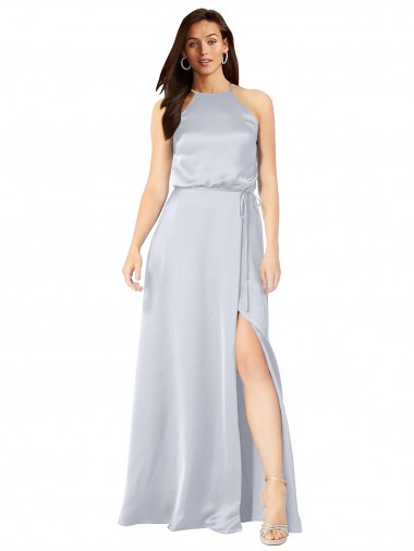 Discount Halter Neck Silky Satin Bridesmaid Dress with Strappy Back