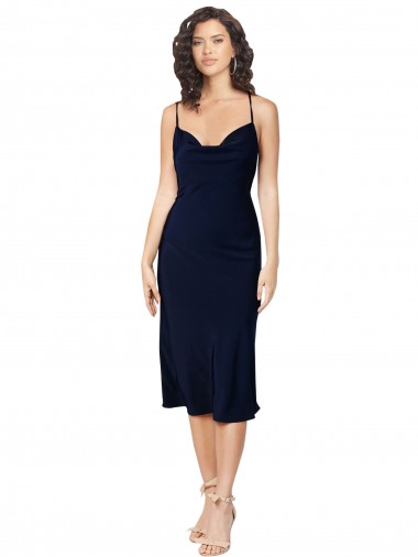Discount Short Midi Length Silky Satin Bridesmaid Dress with Cowl Neck and Cross Back Straps