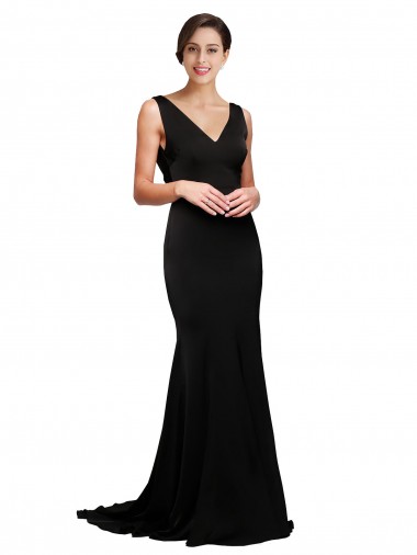Discount V-Neck Full Length Silky Satin Bridesmaid Dress with Soft Cowl Neck and Sweep Train