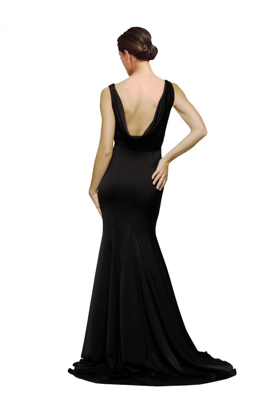 V-Neck Full Length Silky Satin Bridesmaid Dress with Soft Cowl Neck and Sweep Train