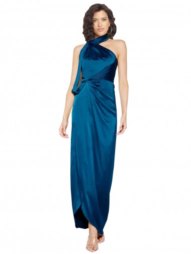Discount High Halter Neck Silky Satin Bridesmaid Dress with Sash Overlay and Side Split