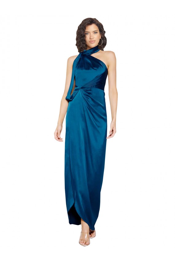 High Halter Neck Silky Satin Bridesmaid Dress with Sash Overlay and Side Split