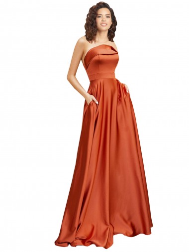 Discount Strapless Sweep Train Silky Satin Bridesmaid Dress with Pleats