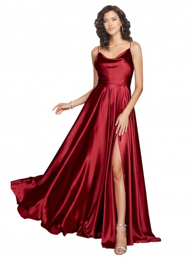 Discount Silky Satin Cowl Neckline Long Bridesmaid Dress with Spaghetti Straps
