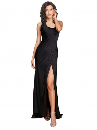 Discount Full Length One Shoulder Ruffled Long Silky Satin Bridesmaid Dress with High Slit