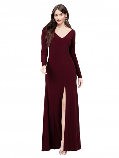 Discount Long Sleeves Spandex Bridesmaid Gown with Front Slit