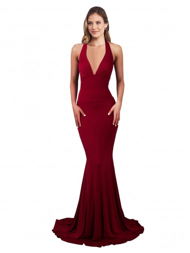 Discount Halter Mermaid Plunge V-Neckline Open Back Bow Tie Spandex Bridesmaid Dress