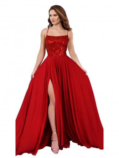 Discount Lace Over Bodice Long Spandex Bridesmaid Dress with Slit