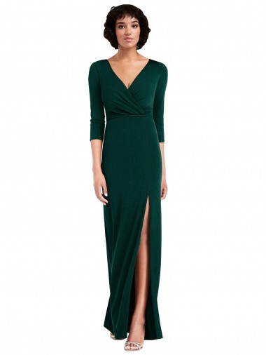 Discount Floor Length 3/4 Sleeves V-Back Draped Wrap Maxi Spandex Bridesmaid Dress