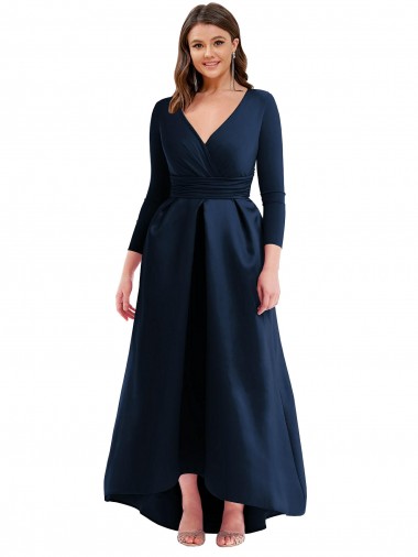 Discount Long Sleeves Wrapped Spandex Bridesmaid Dress with High Low Full Skirt and Pockets