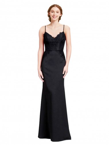 Discount Long Chiffon Bridesmaid Dress with Lace Bodice and Curved V-Neckline