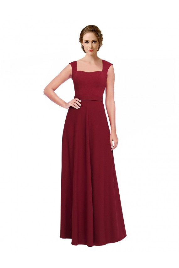 Square Neck Subtle Cap Sleeeves Crepe Bridesmaid Dress