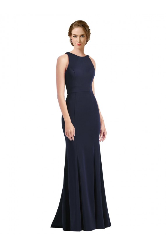 High Neck Sheath Long Crepe Bridesmaid Dress