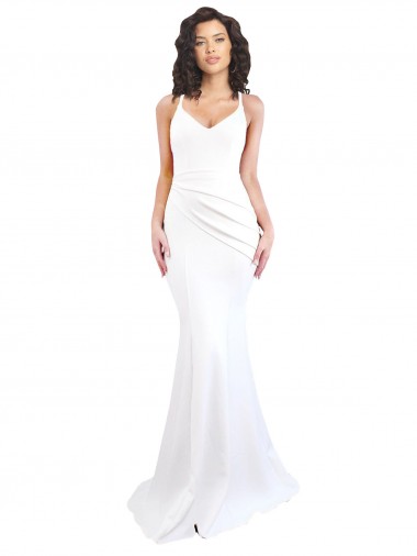 Discount Fishtail Shape Spaghetti Straps Open Back Crepe Bridesmaid Dress with Ruffles