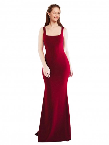 Discount Square Neckline and Backline Fitted Crepe Bridesmaid Dress