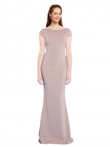 Discount Boat Neck Cap Sleeve Crepe Bridesmaid Dress with Plunging Tie Back