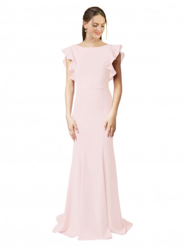 Discount Low V-Back Long Mermaid Crepe Bridesmaid Dress with Ruffled Sleeves