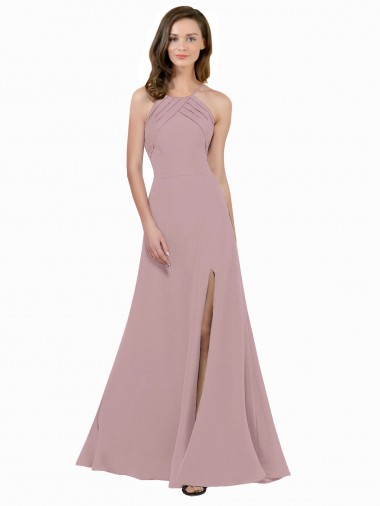 Discount High Neck Crepe Bridesmaid Dress with Pleats and Keyhole Back