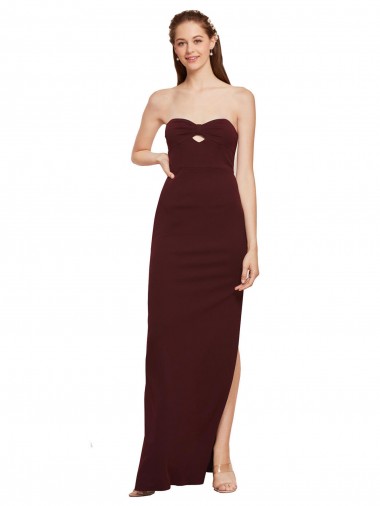Discount Twisted Strapless Keyhole Long Crepe Bridesmaid Dress with Slit