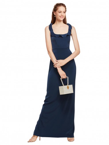 Discount Scoop Neck with Ruffles Long Crepe Bridesmaid Dress with Back Slit