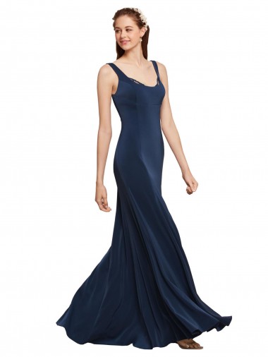 Discount Fit and Flare Long Crepe Bridesmaid Dress with Round Neck