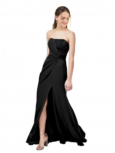 Discount Strapless Fit and Flare Long Crepe Bridesmaid Dress with Knot and Slit