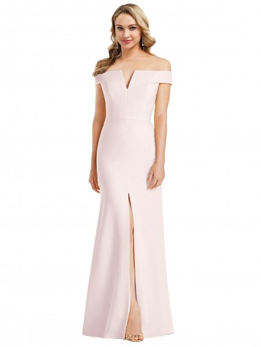 Discount Off the Shoulder Notch Trumpet Bridesmaid Dress with Front Slit