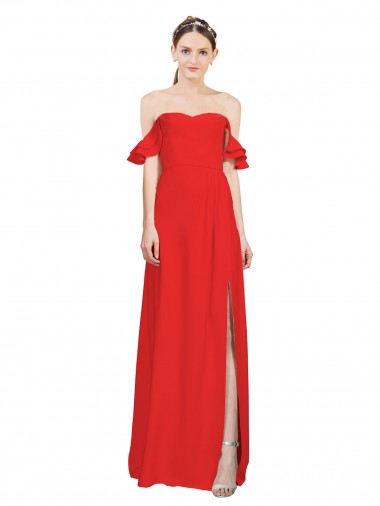 Discount Double Ruffle Flounce Sleeves Crepe Bridesmaid Dress with Slit