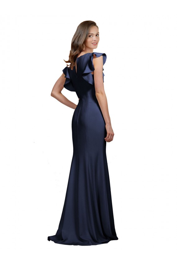 Sleeveless Crepe Bridesmaid Dress with Cascading Ruffle and Keyhole Back