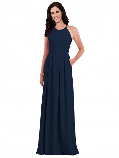 Discount Criss Cross Back Crepe Halter Bridesmaid Dress with Pockets