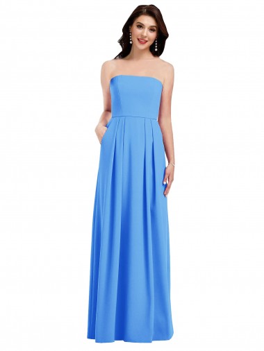 Discount Strapless Pleated Skirt Crepe Bridesmaid Dress with Pockets