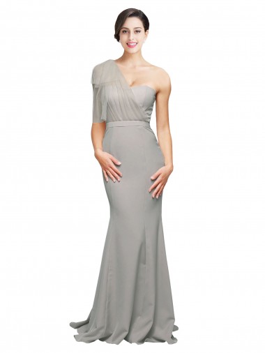 Discount Long Sweep Train Sweetheart Crepe Bridesmaid Dress with Tulle One Shoulder