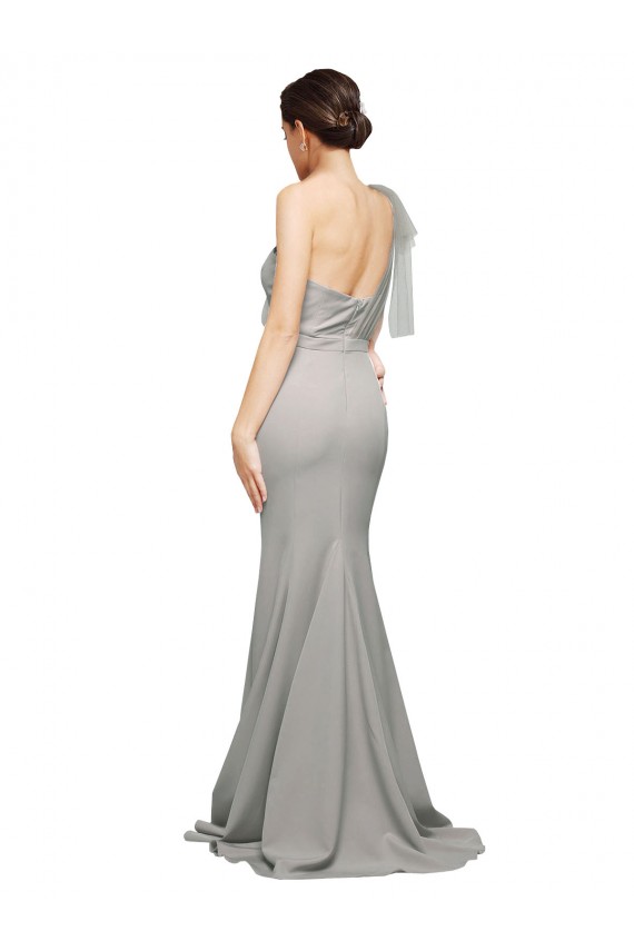 Long Sweep Train Sweetheart Crepe Bridesmaid Dress with Tulle One Shoulder