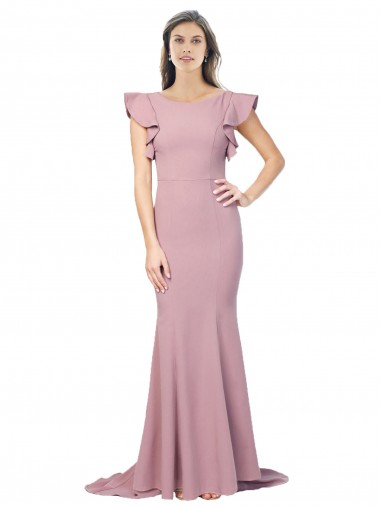 Discount Flutter Sleeves Low V-Back High Round Neck Crepe Bridesmaid Dress