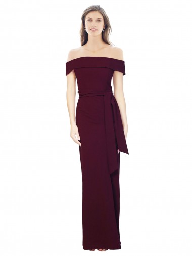 Discount Off the Shoulder Long Crepe Bridesmaid Dress with Waist Tie