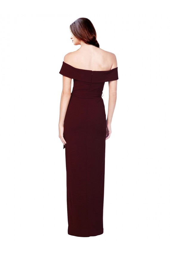 Off the Shoulder Long Crepe Bridesmaid Dress with Waist Tie