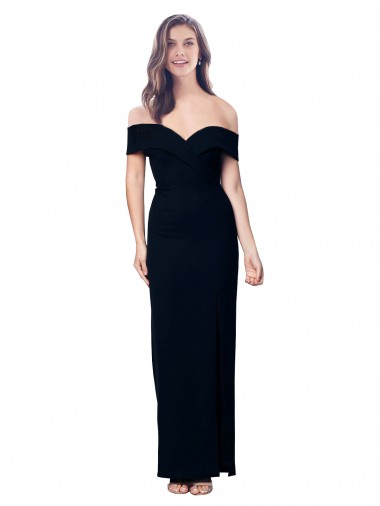 Discount Off the Shoulder Long Full Length Crepe Bridesmaid Dress with Side Split